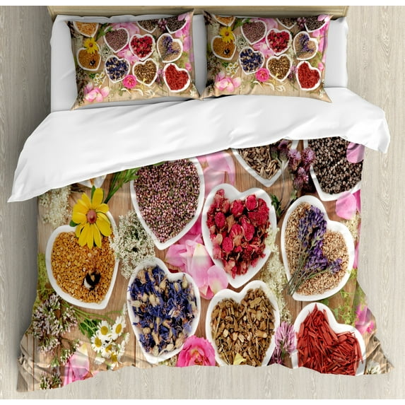 Floral Duvet Cover Set Queen Size, Healing Herbs Heart Shaped Bowls Flower Petals on Wooden Planks Print Healthcare, Decorative 3 Piece Bedding Set with 2 Pillow Shams, Multicolor, by Ambesonne