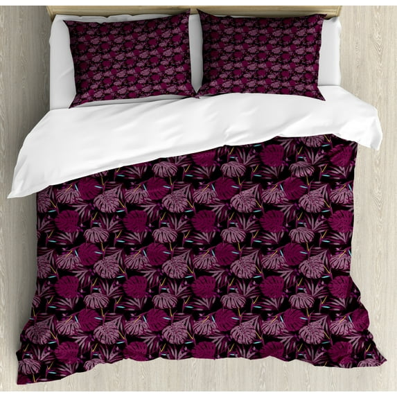 Floral Duvet Cover Set Queen Size, Image of Exotic Tropical Palm Tree Leaves in Vinous Tones Art Print, Decorative 3 Piece Bedding Set with 2 Pillow Shams, Dark Maroon and Multicolor, by Ambesonne