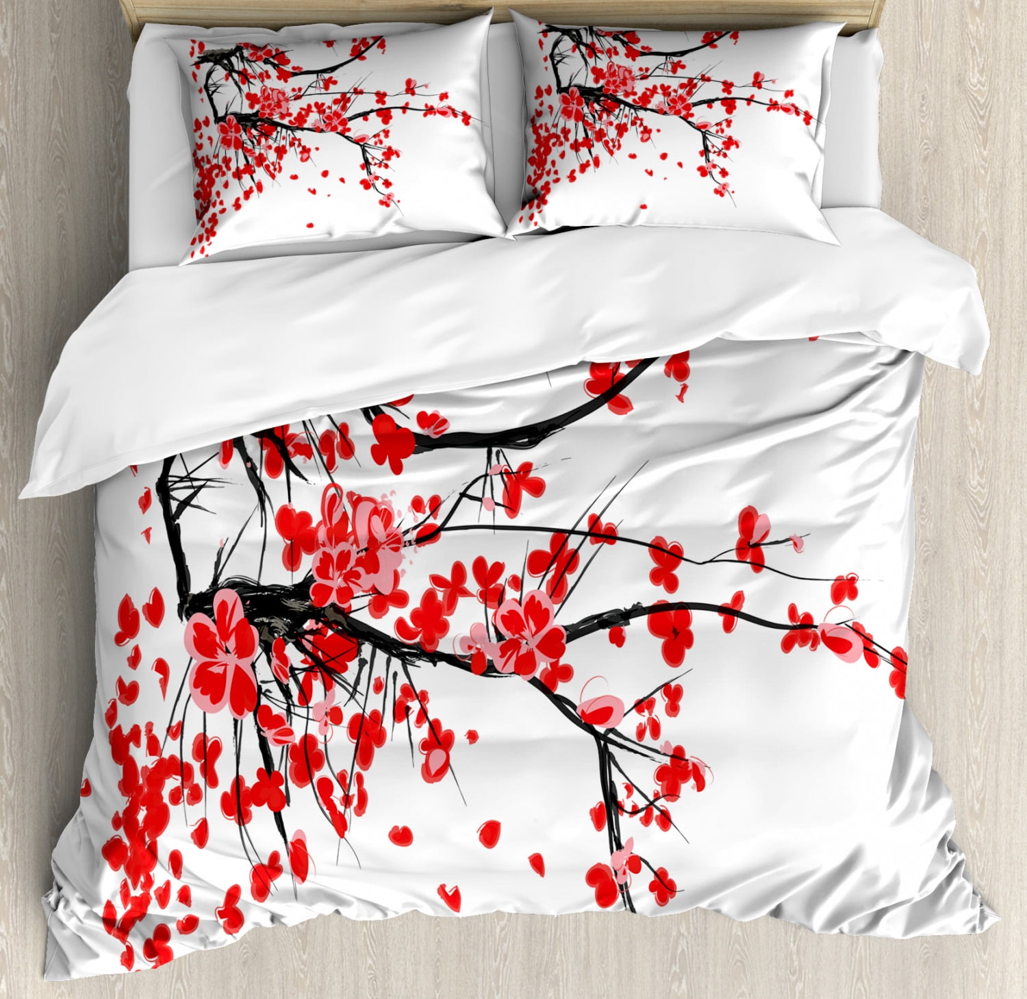 Queen Size White and Red Floral Duvet Cover Set with Pillow Shams
