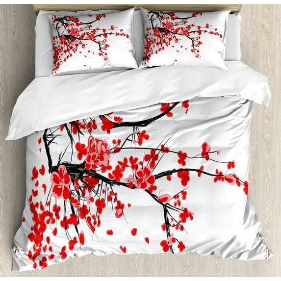Floral Duvet Cover Set Queen Size, Japanese Cherry Blossom Sakura Blooms Branch Spring Inspirations Print, Decorative 3 Piece Bedding Set with 2 Pillow Shams, Vermilion Brown White, by Ambesonne