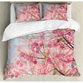 thumbnail image 1 of Floral Duvet Cover Set Queen Size, Japanese Sakura Cherry Blossom Branches Full of Spring Beauty Picture, Decorative 3 Piece Bedding Set with 2 Pillow Shams, Pale Pink Baby Blue, by Ambesonne, 1 of 3