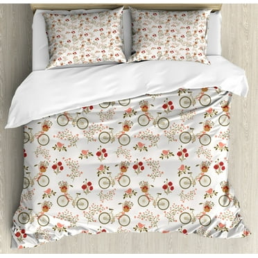 Floral Duvet Cover Set Queen Size, Nostalgic Romance with Bikes Baskets Full of Poppy Flowers Baskets Love Birds Spring, Decorative 3 Piece Bedding Set with 2 Pillow Shams, Multicolor, by Ambesonne