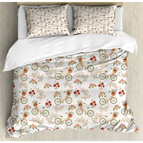 Floral Duvet Cover Set Queen Size, Nostalgic Romance with Bikes Baskets Full of Poppy Flowers Baskets Love Birds Spring, Decorative 3 Piece Bedding Set with 2 Pillow Shams, Multicolor, by Ambesonne