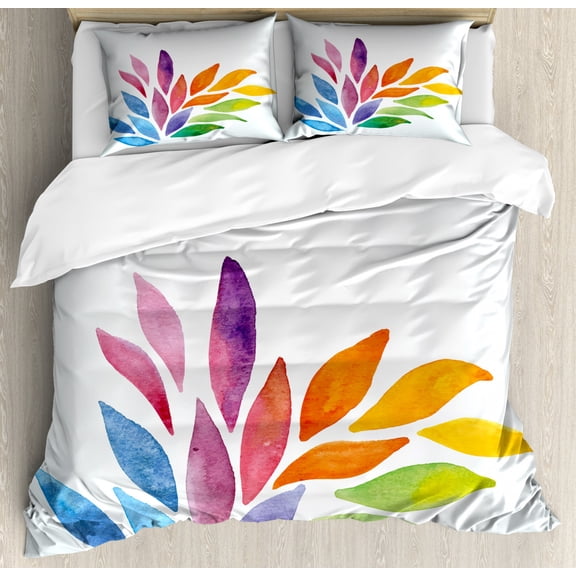 Floral Duvet Cover Set Queen Size, Rainbow Colored Flower Petals in Watercolors Painting Style Vibrant Modern Artwork, Decorative 3 Piece Bedding Set with 2 Pillow Shams, Multicolor, by Ambesonne