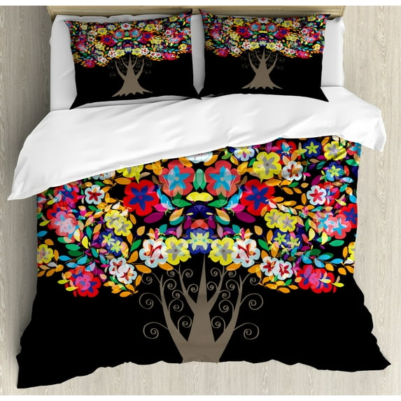 Floral Duvet Cover Set Queen Size, Tree with Flower Blossom Branches Vivid Nature Summer Season Artistic Graphic Print, Decorative 3 Piece Bedding Set with 2 Pillow Shams, Multicolor, by Ambesonne