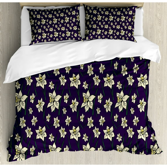 Floral Duvet Cover Set, Repeating Cartoonish Design Daffodil Flowers Botanical Art, Decorative 3 Piece Bedding Set with 2 Pillow Shams, Calking Size, Dark Purple Cream, by Ambesonne