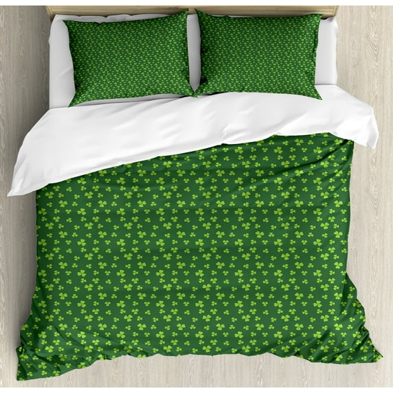 Floral Duvet Cover Set, Repeating Nature Pattern of Mini Shamrock Leaves Greenery Meadow Items, Decorative 3 Piece Bedding Set with 2 Pillow Shams, King Size, Fern Green Lime Green, by Ambesonne