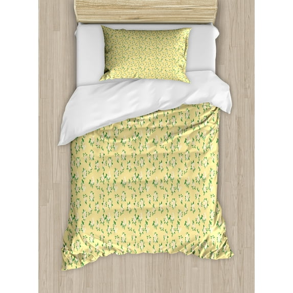 Floral Duvet Cover Set, Repetitive Rose Arrangements with Leaves Spring Garden Art Illustration, Decorative 2 Piece Bedding Set with 1 Pillow Shams, Twin Size, Green and Pale Yellow, by Ambesonne
