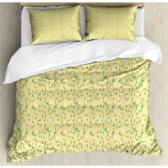 Floral Duvet Cover Set, Repetitive Rose Arrangements with Leaves Spring Garden Art Illustration, Decorative 3 Piece Bedding Set with 2 Pillow Shams, Calking Size, Green and Pale Yellow, by Ambesonne