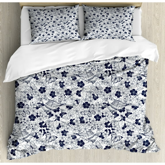 Floral Duvet Cover Set, Repetitive Spring Flowers Birds Butterflies Bicolored Illustration, Decorative 3 Piece Bedding Set with 2 Pillow Shams, King Size, White Dark Night Blue, by Ambesonne