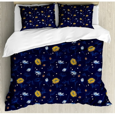 Floral Duvet Cover Set, Repetitive Style Illustration of Dark Tone Blooming Elements Botanical Buds, Decorative 3 Piece Bedding Set with 2 Pillow Shams, Calking Size, Indigo and Mustard, by Ambesonne