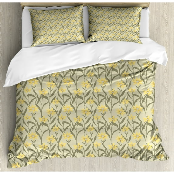 Floral Duvet Cover Set, Repetitive Vintage Style Pattern of Mustard Tone Flower Silhouettes, Decorative 3 Piece Bedding Set with 2 Pillow Shams, King Size, Grey Yellow and Slate Brown, by Ambesonne