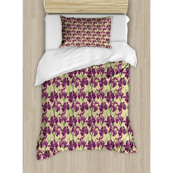 Floral Duvet Cover Set, Repetitive Violet Tones Iris Flower Nature Illustration, Decorative 2 Piece Bedding Set with 1 Pillow Shams, Twin Size, Pale Khaki Dark Magenta, by Ambesonne