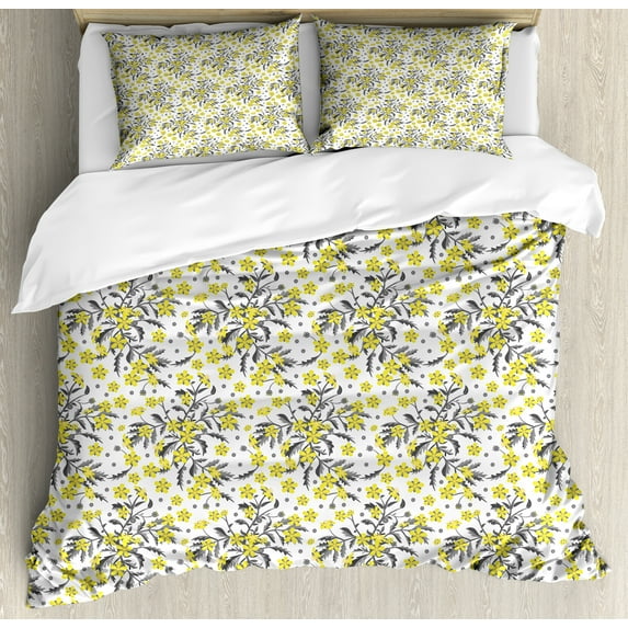 Floral Duvet Cover Set, Repetitive Vivid Spring Blossoms Art on Plain Backdrop Illustration, Decorative 3 Piece Bedding Set with 2 Pillow Shams, Calking Size, Pastel Yellow Dimgray, by Ambesonne