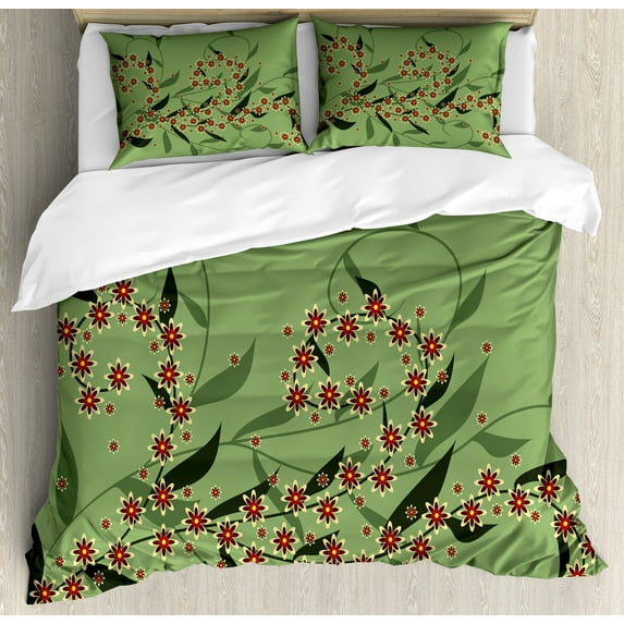 Floral Duvet Cover Set, Retro Blooming Graphic Spring Flowers on Curvy Branches Botanical Garden Theme, Decorative 3 Piece Bedding Set with 2 Pillow Shams, King Size, Olive Green Red, by Ambesonne