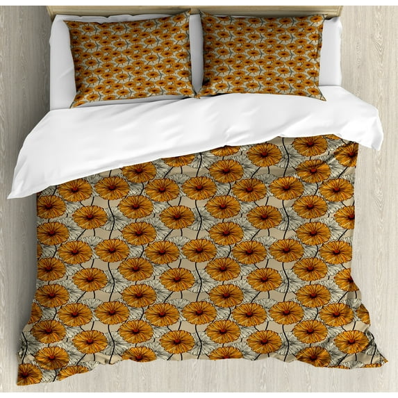 Floral Duvet Cover Set, Retro Look Simplistic Sunflowers Abstract Illustration, Decorative 3 Piece Bedding Set with 2 Pillow Shams, Queen Size, Amber Grey Yellow, by Ambesonne