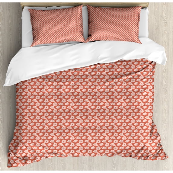 Floral Duvet Cover Set, Retro Style Design of Poppy Flowers Striped Spring Time Vintage Garden Art, Decorative 3 Piece Bedding Set with 2 Pillow Shams, King Size, Dark Salmon White, by Ambesonne