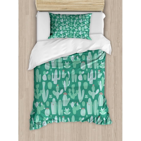 Floral Duvet Cover Set, Retro Style Illustration of Succulents Cacti and Blooming Flowers, Decorative 2 Piece Bedding Set with 1 Pillow Shams, Twin Size, Sea Green Seafoam and Rose, by Ambesonne