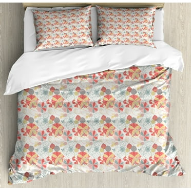 Floral Duvet Cover Set, Retro Warm Colored Plants Season Flowers Abstract Lines Circles Swirls Image, Decorative 3 Piece Bedding Set with 2 Pillow Shams, Queen Size, Coral Yellow Grey, by Ambesonne