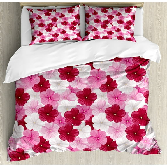Floral Duvet Cover Set, Rhythmic Spring Awakening Blossoming Common Mallow Flowers Illustration, Decorative 3 Piece Bedding Set with 2 Pillow Shams, Queen Size, Pink Raspberry White, by Ambesonne