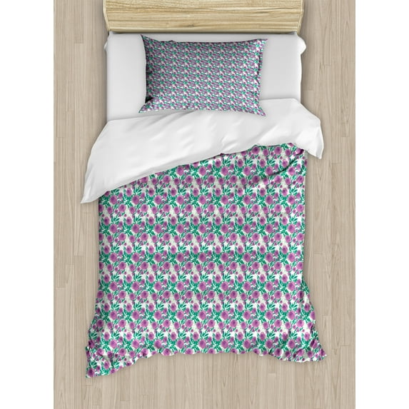 Floral Duvet Cover Set, Romantic Delicate Flowers and Leaves Drawn by Hand, Decorative 2 Piece Bedding Set with 1 Pillow Shams, Twin Size, Multicolor, by Ambesonne