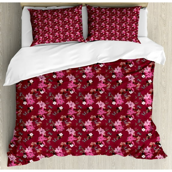Floral Duvet Cover Set, Romantic Design of Lilies Butterflies and Other Flowers Vintage Garden Art, Decorative 3 Piece Bedding Set with 2 Pillow Shams, King Size, Maroon Multicolor, by Ambesonne