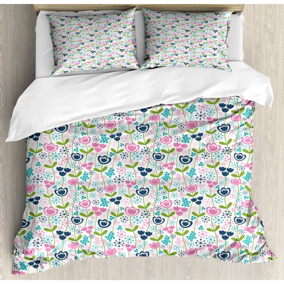 Floral Duvet Cover Set, Romantic Season Flowers on Branches Spring Round Motifs on Plain Background, Decorative 3 Piece Bedding Set with 2 Pillow Shams, Queen Size, Multicolor, by Ambesonne