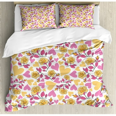 Floral Duvet Cover Set, Romantic Style Bicolor Hearts and Blooming Roses Valentine's Day, Decorative 3 Piece Bedding Set with 2 Pillow Shams, Calking Size, Mustard Pink, by Ambesonne