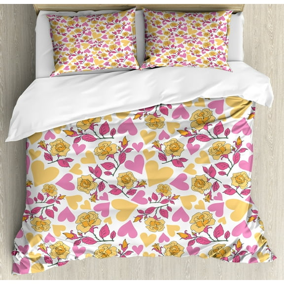 Floral Duvet Cover Set, Romantic Style Bicolor Hearts and Blooming Roses Valentine's Day, Decorative 3 Piece Bedding Set with 2 Pillow Shams, Calking Size, Mustard Pink, by Ambesonne
