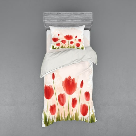 Floral Duvet Cover Set, Romantic Tulip Bloom Flower Meadow Fresh Feminine Buds Watercolor Effect, Bedding Set with Shams and Fitted Sheet, 3 Sizes, by Ambesonne