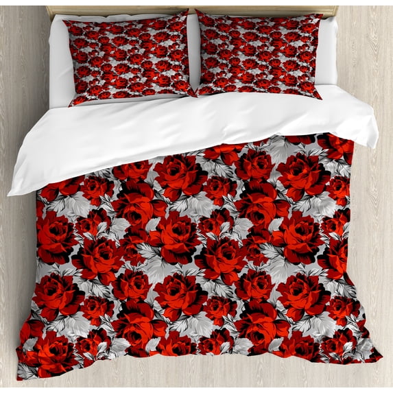 Floral Duvet Cover Set, Rose Flowers Vintage Design Elements Petals Leaves Love Themed Valentines Image, Decorative 3 Piece Bedding Set with 2 Pillow Shams, Queen Size, Red Grey Black, by Ambesonne