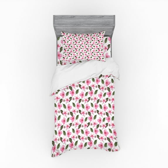 Floral Duvet Cover Set, Sakura the Cherry Blossom Flowers with Leaves Watercolor Design, Bedding Set with Shams and Fitted Sheet, 3 Sizes, by Ambesonne