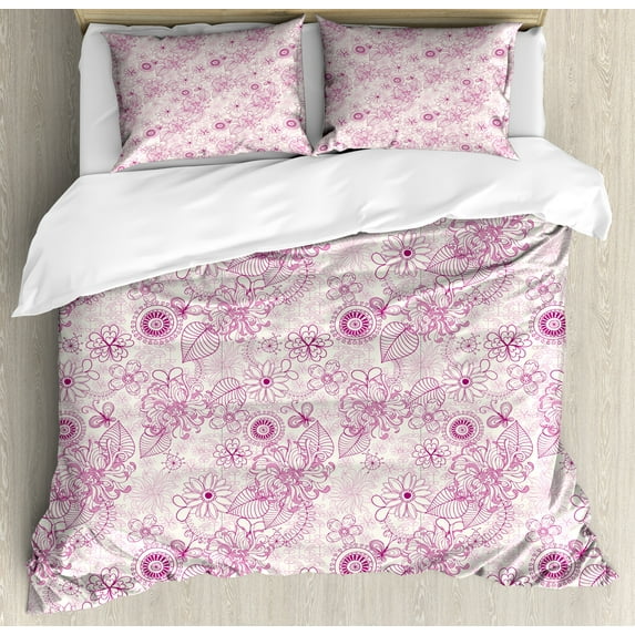 Floral Duvet Cover Set, Shabby Form Vintage Flower Motifs in Soft Toned Essence Beauty Nature Design, Decorative 3 Piece Bedding Set with 2 Pillow Shams, Queen Size, Fuchsia Pale Pink, by Ambesonne