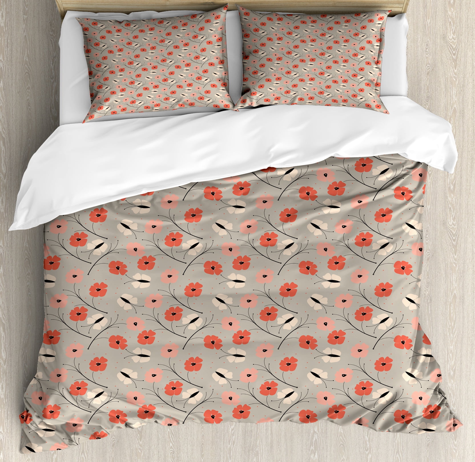 Floral Duvet Cover Set, Simple Poppy Flowers and Butterflies Spring ...
