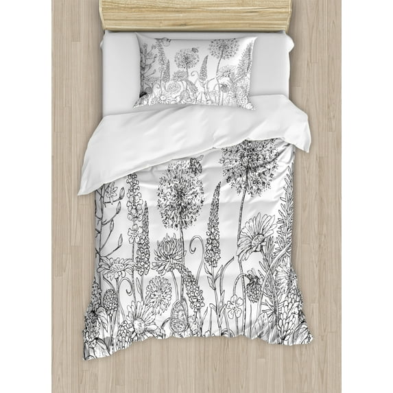 Floral Duvet Cover Set, Sketchy Hand Drawn Style Garden with Various Flowers Leaves and Grass Image, Decorative 2 Piece Bedding Set with 1 Pillow Shams, Twin Size, Grey and White, by Ambesonne