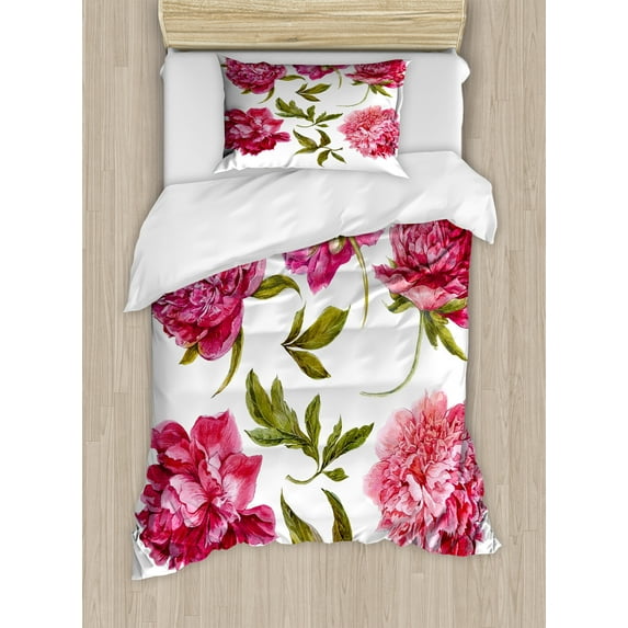 Floral Duvet Cover Set, Spring Buds in Vivid Tones Watercolor Peony Bouquet Art, Decorative 2 Piece Bedding Set with 1 Pillow Shams, Twin Size, Olive Green Magenta, by Ambesonne