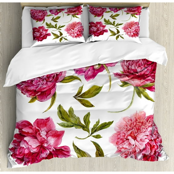 Floral Duvet Cover Set, Spring Buds in Vivid Tones Watercolor Peony Bouquet Art, Decorative 3 Piece Bedding Set with 2 Pillow Shams, Calking Size, Olive Green Magenta, by Ambesonne