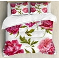 thumbnail image 1 of Floral Duvet Cover Set, Spring Buds in Vivid Tones Watercolor Peony Bouquet Art, Decorative 3 Piece Bedding Set with 2 Pillow Shams, Queen Size, Olive Green Magenta, by Ambesonne, 1 of 3