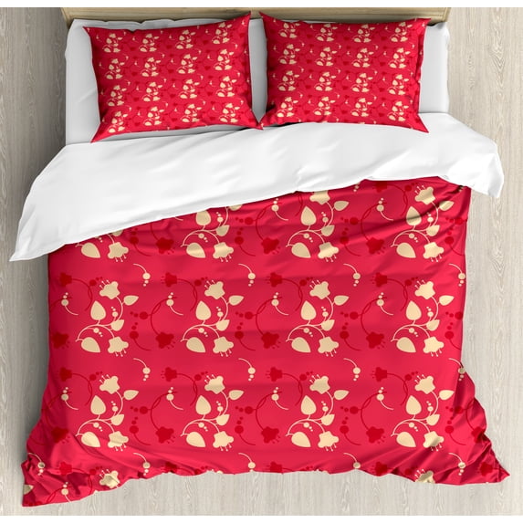 Floral Duvet Cover Set, Spring Essential Silhouette Style Abstract Wild Flowers and Leaves, Decorative 3 Piece Bedding Set with 2 Pillow Shams, King Size, Dark Coral Vermilion, by Ambesonne