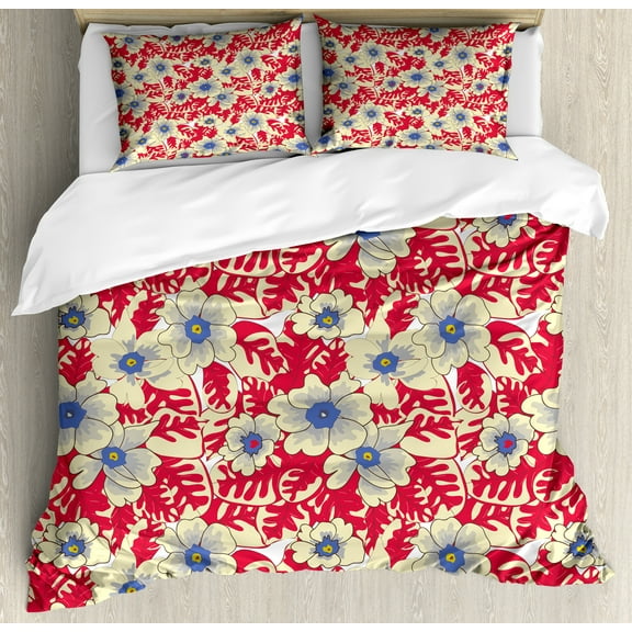 Floral Duvet Cover Set, Spring Flowers and Dyed Leaves Retro Design Blossoms Vintage Garden Art, Decorative 3 Piece Bedding Set with 2 Pillow Shams, Calking Size, Pale Yellow Multicolor, by Ambesonne