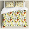thumbnail image 1 of Floral Duvet Cover Set, Spring Flowers with Lemons Leaves Inspirational Illustration, Decorative 3 Piece Bedding Set with 2 Pillow Shams, King Size, Red Yellow Forest Green, by Ambesonne, 1 of 3