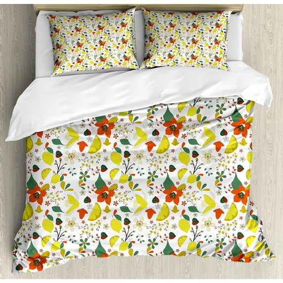Floral Duvet Cover Set, Spring Flowers with Lemons Leaves Inspirational Illustration, Decorative 3 Piece Bedding Set with 2 Pillow Shams, King Size, Red Yellow Forest Green, by Ambesonne
