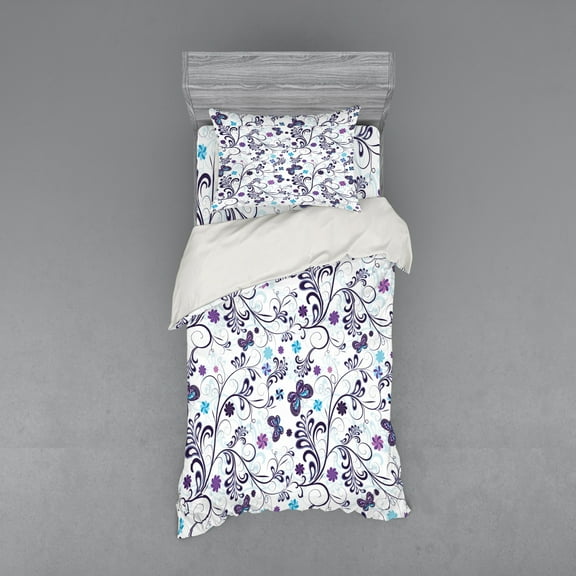 Floral Duvet Cover Set, Spring with Flying Inspirational Butterflies and Swirls Branches Design, Bedding Set with Shams and Fitted Sheet, 3 Sizes, by Ambesonne