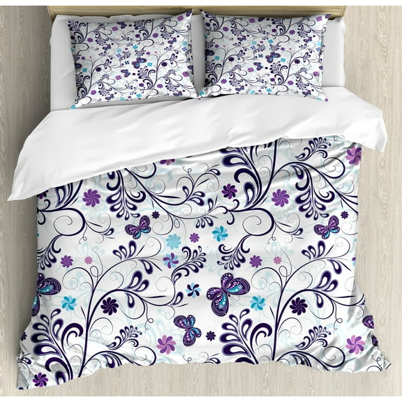 Floral Duvet Cover Set, Spring with Flying Inspirational Butterflies and Swirls Branches Design, Decorative 3 Piece Bedding Set with 2 Pillow Shams, King Size, Dark Purple Pale Blue, by Ambesonne
