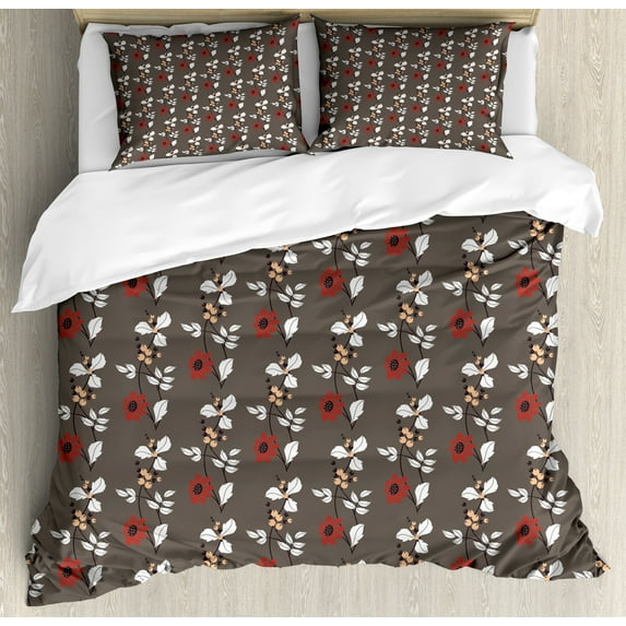 Floral Duvet Cover Set, Spring Nature Garden Art Pattern with Red Blooms Leaves and Little Buds, Decorative 3 Piece Bedding Set with 2 Pillow Shams, Calking Size, White Peach Taupe, by Ambesonne