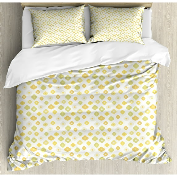 Floral Duvet Cover Set, Summer Kitchen Design Cartoon Shaped Little Flowers Daisy Print, Decorative 3 Piece Bedding Set with 2 Pillow Shams, Queen Size, Pale Green Yellow, by Ambesonne