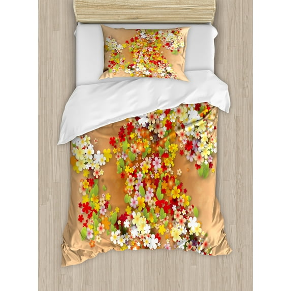 Floral Duvet Cover Set, Summer Season Sale Banner with Paper Flowers and Black Frame Illustration, Decorative 2 Piece Bedding Set with 1 Pillow Shams, Twin Size, Orange Red and White, by Ambesonne