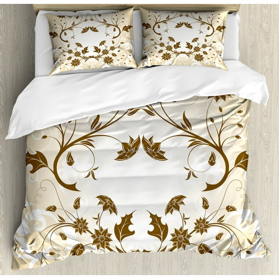 Floral Duvet Cover Set, Swirled Petals Leaf Classic Blooms Florets Background Design, Decorative 3 Piece Bedding Set with 2 Pillow Shams, Queen Size, Cream Redwood White, by Ambesonne