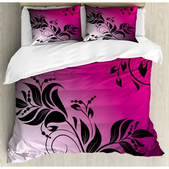 Floral Duvet Cover Set, Swirled Victorian Flower Branch Backdrop in Vibrant Tones Vintage Fantasy Print, Decorative 3 Piece Bedding Set with 2 Pillow Shams, King Size, Magenta Black, by Ambesonne