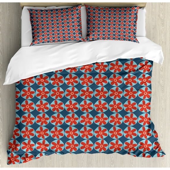 Floral Duvet Cover Set, Themed Flower Buds Petals Girly Summer Blossom Art, Decorative 3 Piece Bedding Set with 2 Pillow Shams, King Size, Sky Blue and Scarlet, by Ambesonne
